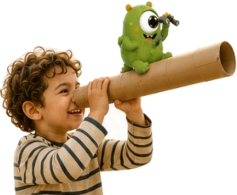 Curious child looking through a cardboard telescope with a green Club5 mascot