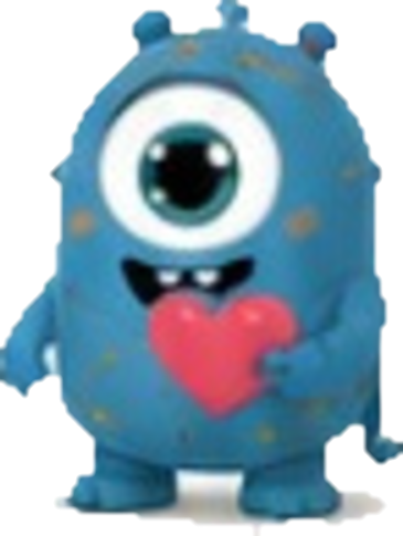 Blue one-eyed character holding a heart