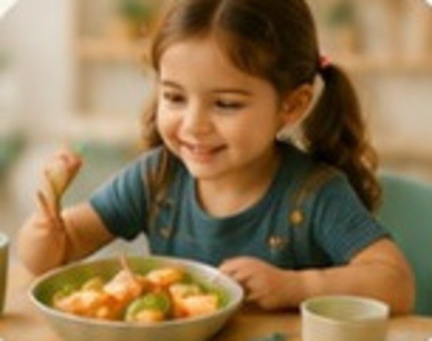 Young girl smiling while eating a healthy meal