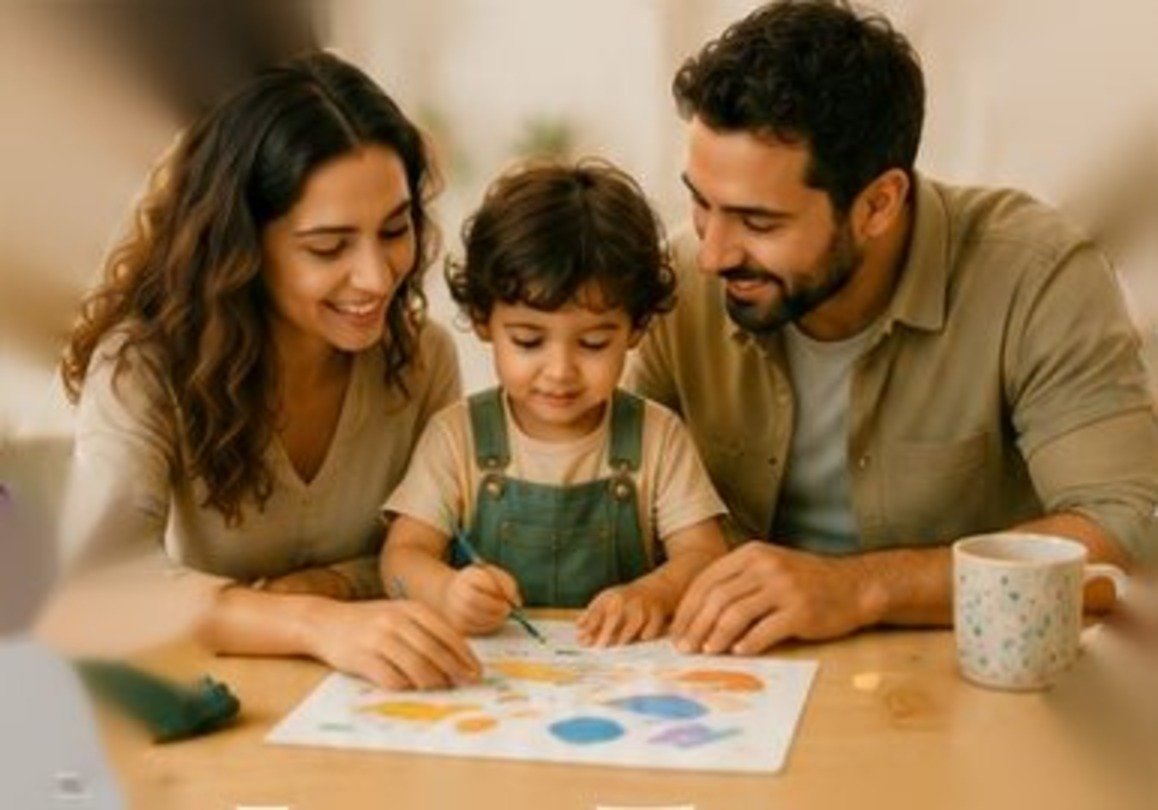 Mother, father and young child painting together at a table