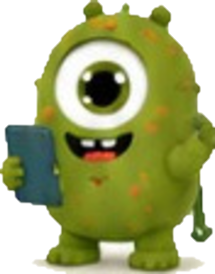 Green one-eyed character holding a phone