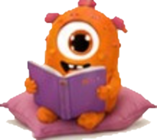 Orange character reading a book on a cushion
