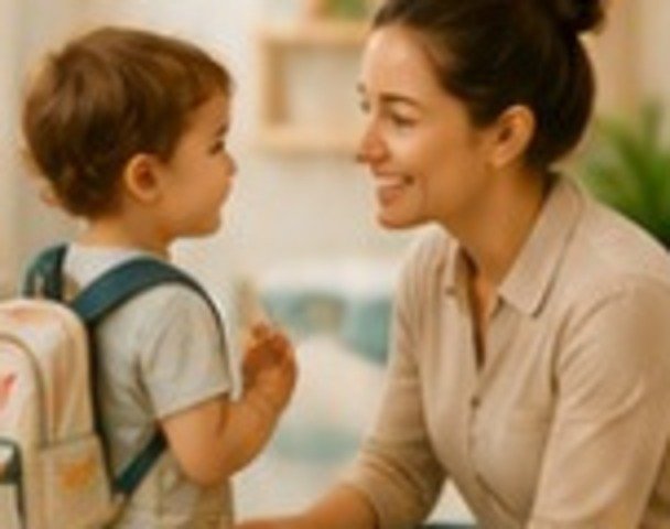 Parent kneeling and smiling at a young child with a backpack
