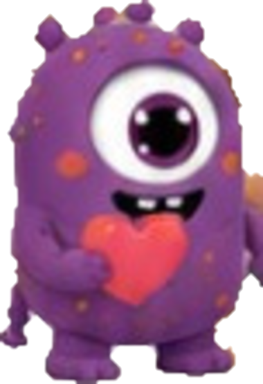 Purple one-eyed character holding a heart