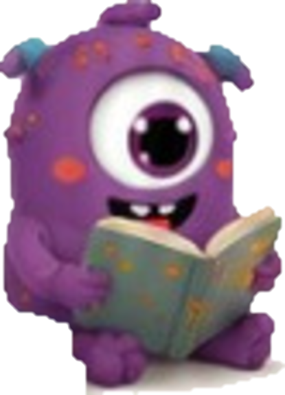 Purple one-eyed character reading a book