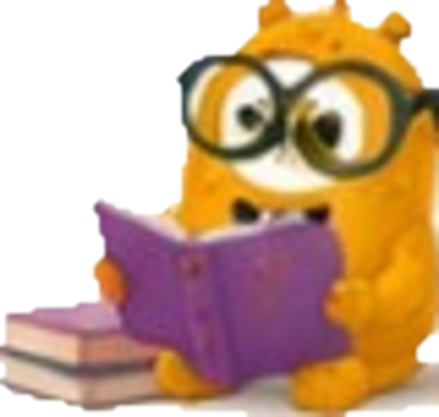 Yellow character with glasses reading on a stack of books